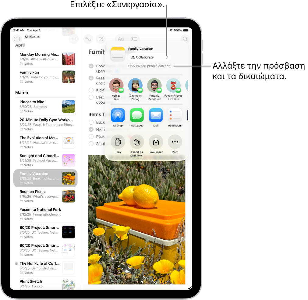 Μια πρόσκληση συνεργασίας σε μια λίστα ελέγχου στις Σημειώσεις, όπου φαίνονται η Συνεργασία ως επιλογή κοινής χρήσης και το στοιχείο «Μόνο τα προσκεκλημένα άτομα έχουν δικαίωμα επεξεργασίας» ως η ρύθμιση πρόσβασης και δικαιώματος. Τέσσερις πιθανοί αποδέκτες, συμπεριλαμβανομένης μιας ομάδας, εμφανίζονται σε μια σειρά παρακάτω. Η επόμενη σειρά παρέχει διαφορετικούς τρόπους κοινής χρήσης της σημείωσης: AirDrop, Μηνύματα, Mail και Υπομνήσεις. Η τελευταία σειρά περιέχει κουμπιά για αντιγραφή, εξαγωγή και αποθήκευση της σημείωσης.
