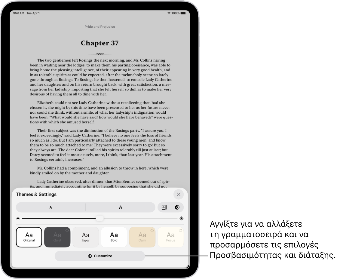 Μια σελίδα ενός βιβλίου στην εφαρμογή «Βιβλία». Οι επιλογές Θεμάτων και ρυθμίσεων εμφανίζουν στοιχεία ελέγχου για το μέγεθος γραμματοσειράς, την προβολή κύλισης, το στιλ αλλαγής σελίδας, τη φωτεινότητα, και τα στιλ γραμματοσειράς.