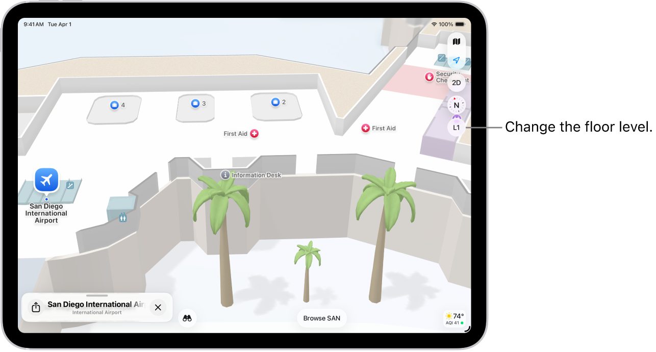 An indoor map of an airport terminal. The map shows a gate, restroom, security checkpoint, and first aid. You can change levels of multistory maps using the button marked L2 (for Level 2).
