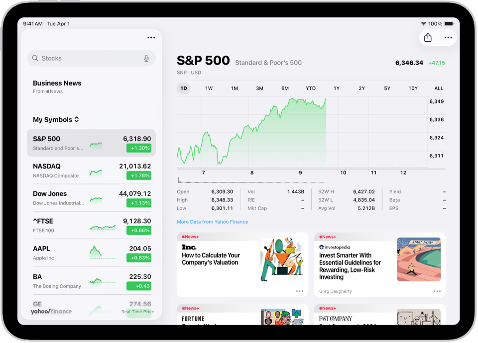 The Stocks screen on iPad includes a chart showing the performance for a stock over the course of a morning. On the left are a list of ticker symbols. Above the chart are buttons to display the stock performance over a week or larger increments of months and years, up to 10 years. Below the chart are stock details such as opening price, high, low, and market cap, and links to business-related news.