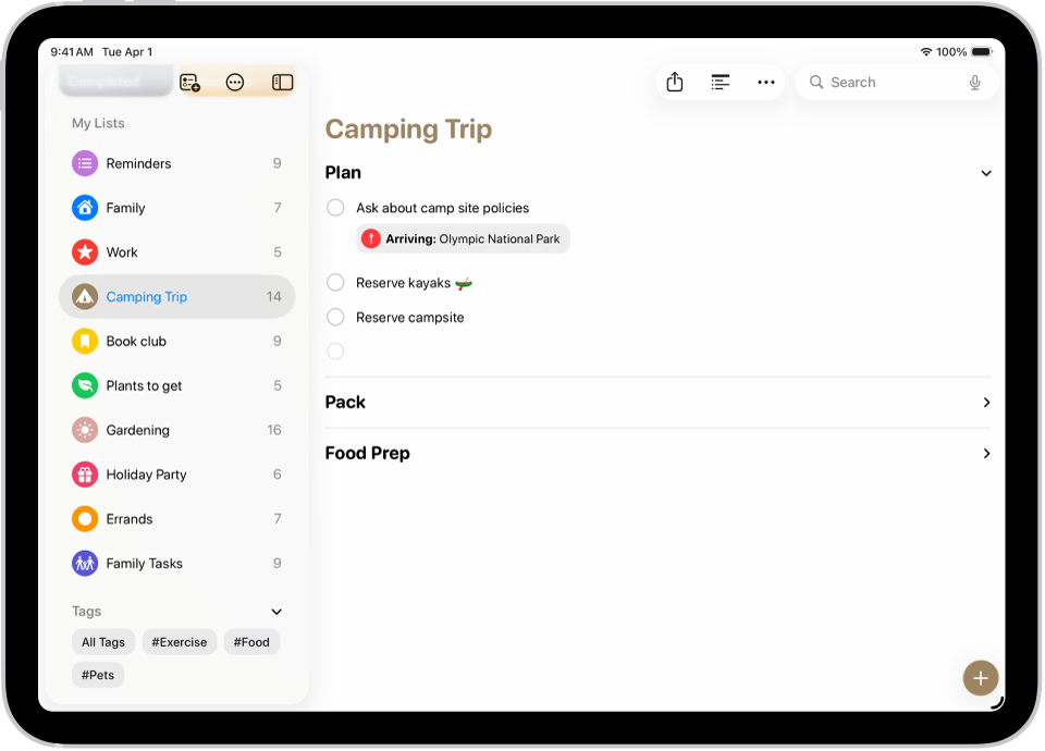 The Reminders app showing a list with one section expanded and the others collapsed.