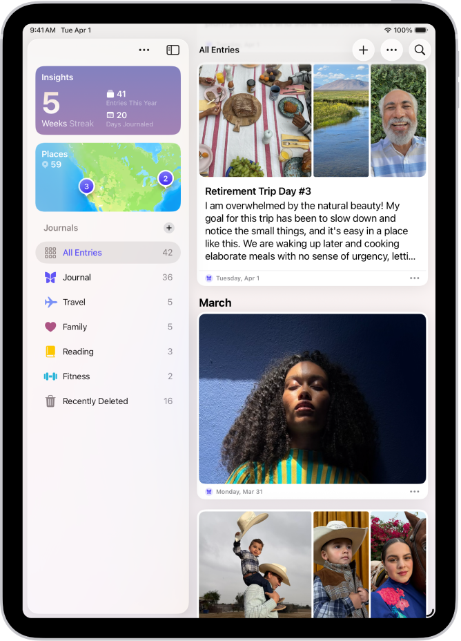 A screen in the Journal app showing journal entries with the Search button at the top right.
