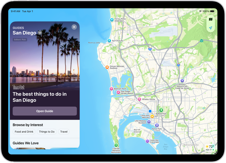 A guide to features in national parks. Parks covered by the guide are marked on the map.