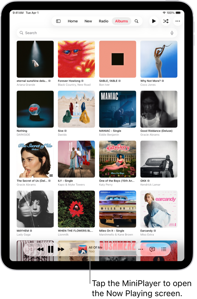The Albums tab, showing the MiniPlayer near the bottom. The MiniPlayer shows the title of the song that’s playing.