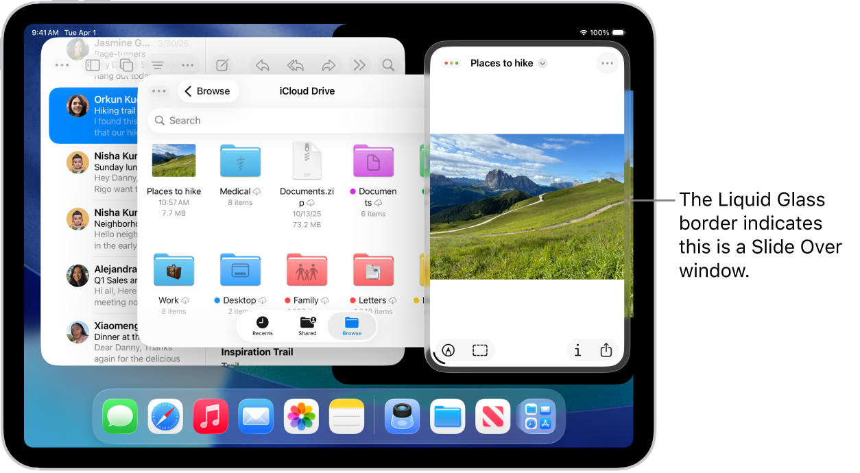 Three app windows open on the screen, one of which is a Slide Over window, as indicated by the Liquid Glass border.