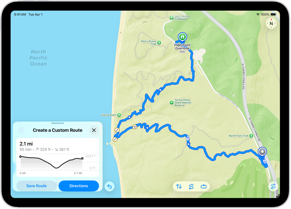 A custom route in the Maps app, with distance, elevation profile, estimated time, and options to save or get directions to the start of the route.