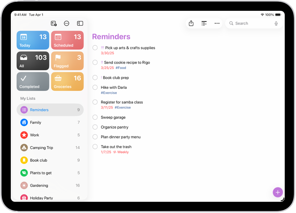 The Reminders app showing a grid of smart lists, such as Today, Scheduled, and Flagged, each showing the number of items. Under the heading ‘My Lists,' shows a list of custom reminder categories like Family, Work, and Camping Trip.