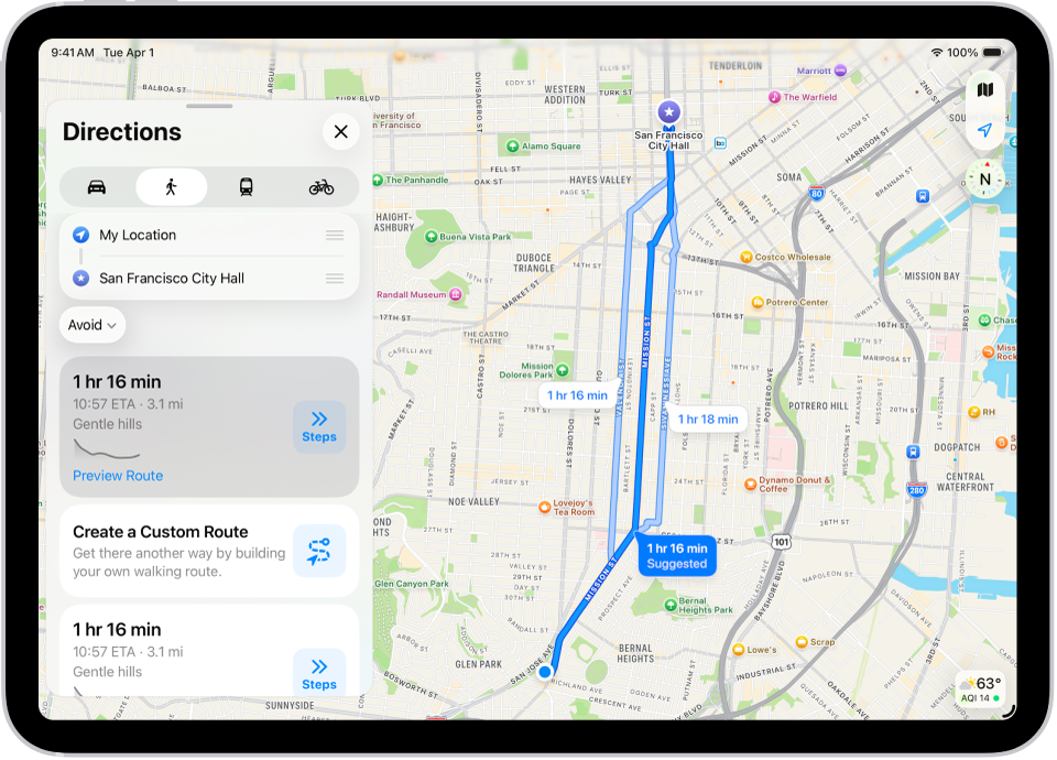 A map with two walking routes, each listed with a Steps button.
