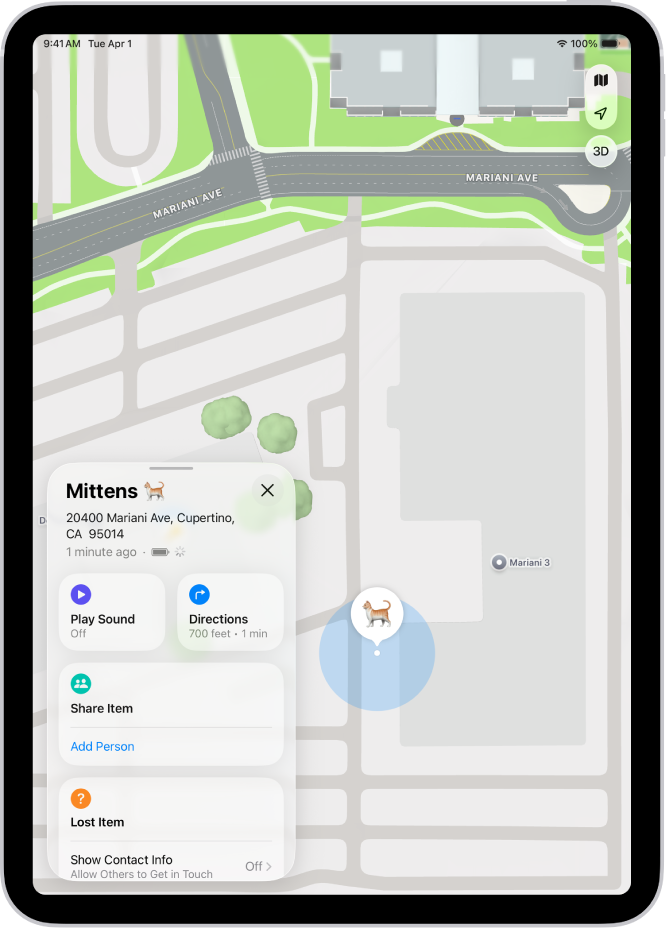 A Find My screen show an AirTags sharing their location.