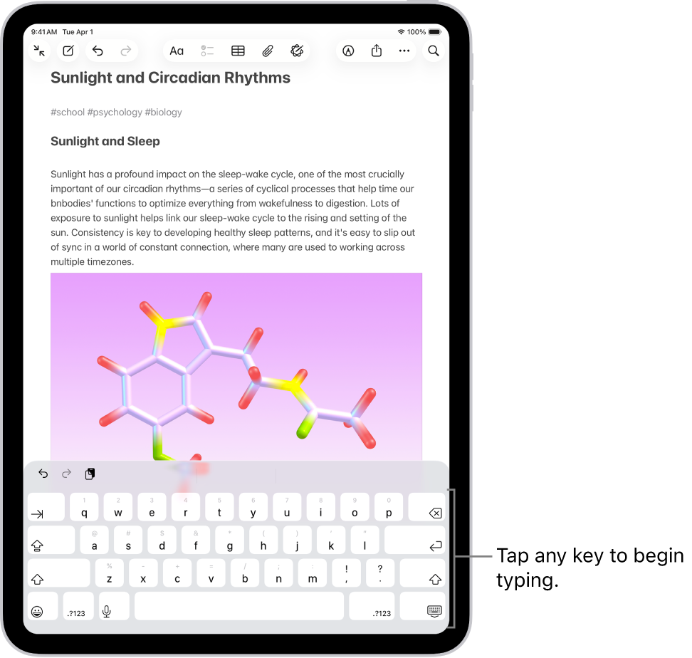 A document is open in the Notes app. The onscreen keyboard is in the bottom half of the screen.