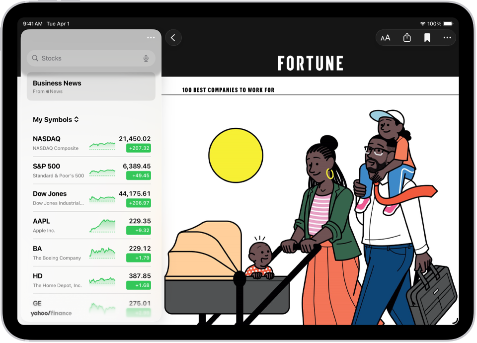A business-related article from Apple News in the Stocks app. At the top-left corner of the article is the Back button to return to the other suggested stories. At the top-right corner are the Text Size, Share, Save, and More Actions buttons.