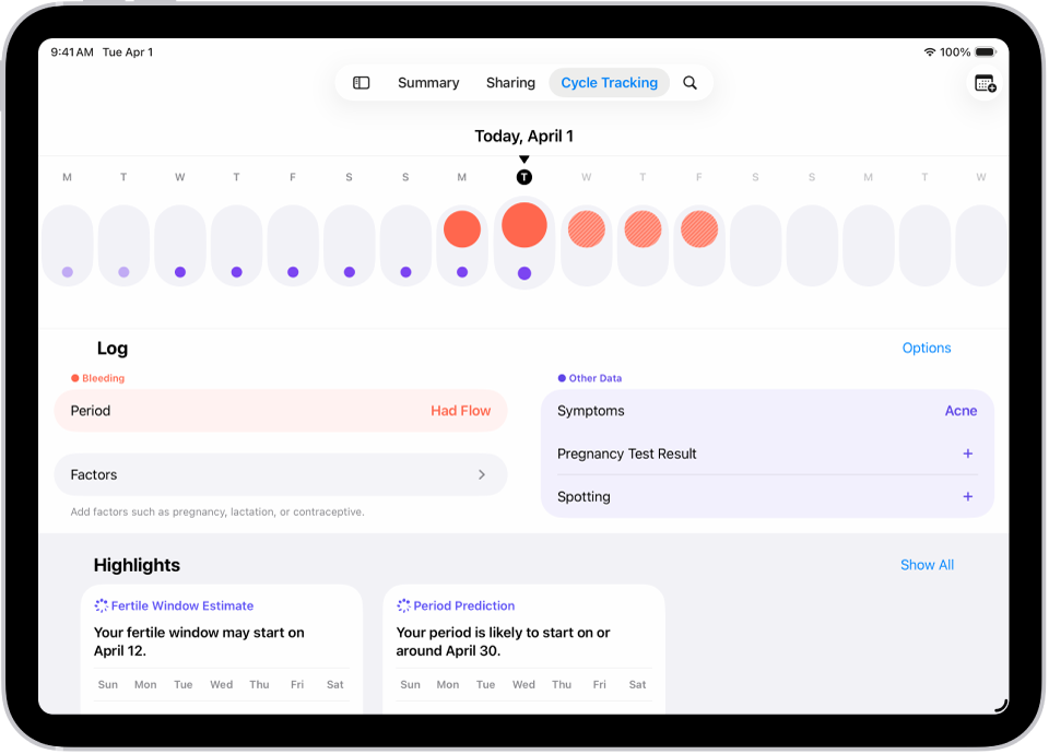The Cycle Tracking screen showing the timeline for a week at the top of the screen. Solid red circles and purple dots mark the first 5 days on the timeline. Below the timeline are options to add information about periods, symptoms, and more.