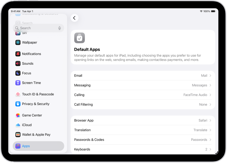 The screen for changing your default apps for sending email, browsing the web, and more.