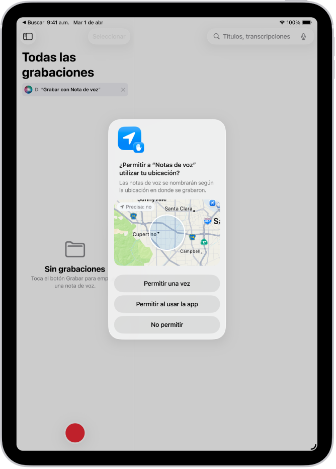 Una solicitud de una app para usar datos de ubicación en el iPad. Las opciones son Permitir una vez, Permitir al usar la app y No permitir.