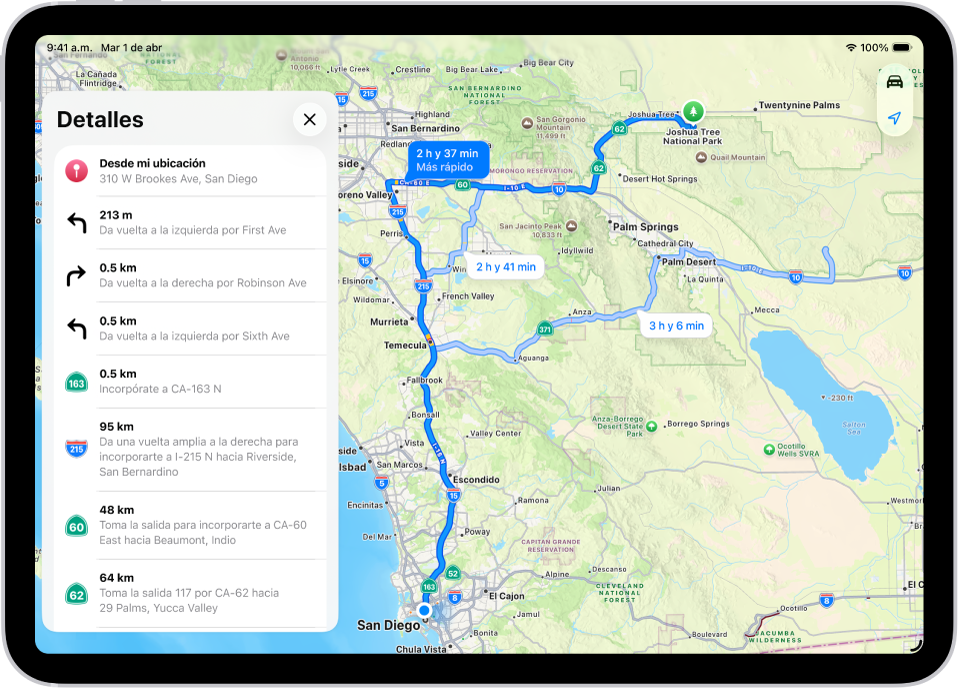 Un mapa muestra tres opciones de rutas y una lista detallada con los pasos para llegar a un destino con menos vueltas.