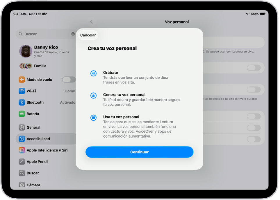 Un iPad con información sobre cómo crear una voz personal.
