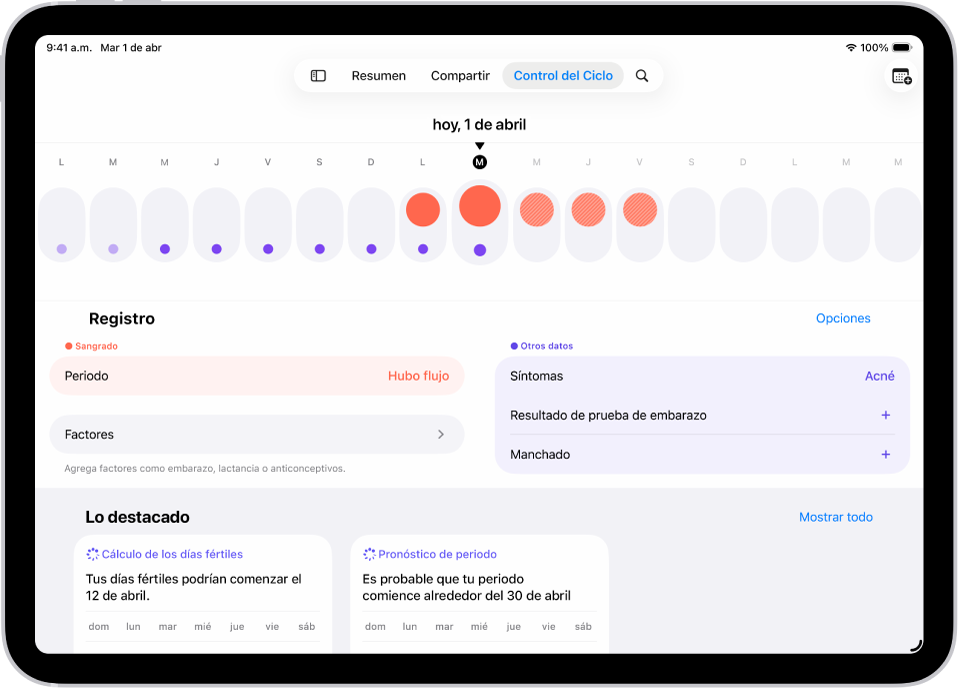 La pantalla Control del Ciclo mostrando una línea del tiempo de una semana en la parte superior. Los círculos rojos sólidos y los puntos morados marcan los primeros 5 días en la línea de tiempo. Debajo de la línea del tiempo hay opciones para agregar información sobre el periodo, los síntomas y más.