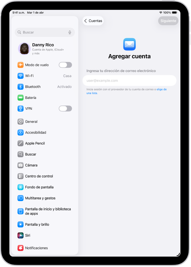La pantalla Agregar cuenta mostrando un campo para ingresar tu correo.