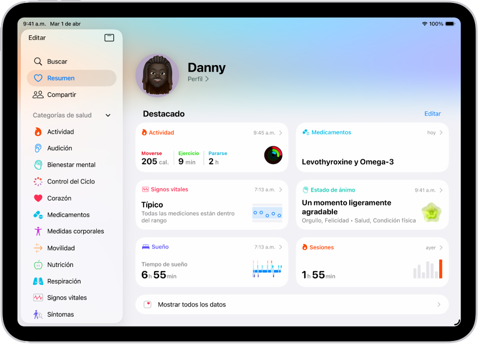 La pantalla Resumen de la app Salud. La información sobre la actividad, los medicamentos, los signos vitales, el estado de ánimo, el sueño, la frecuencia cardiaca y los entrenamientos aparece debajo de Datos anclados.