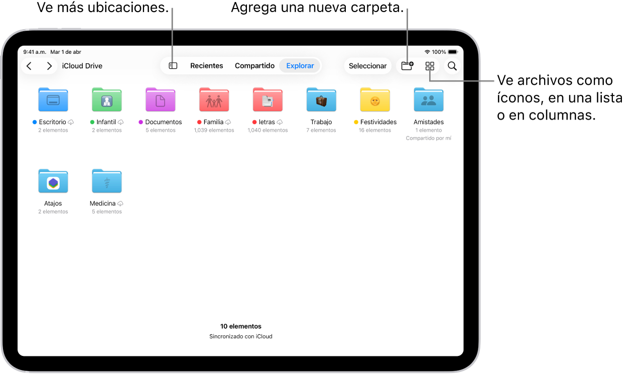 La app Archivos mostrando varias carpetas y ubicaciones, como Descargas, Cartas, Familia, etc. En la parte inferior de la pantalla están los botones Archivos recientes y Archivos compartidos, y la pestaña Explorar.