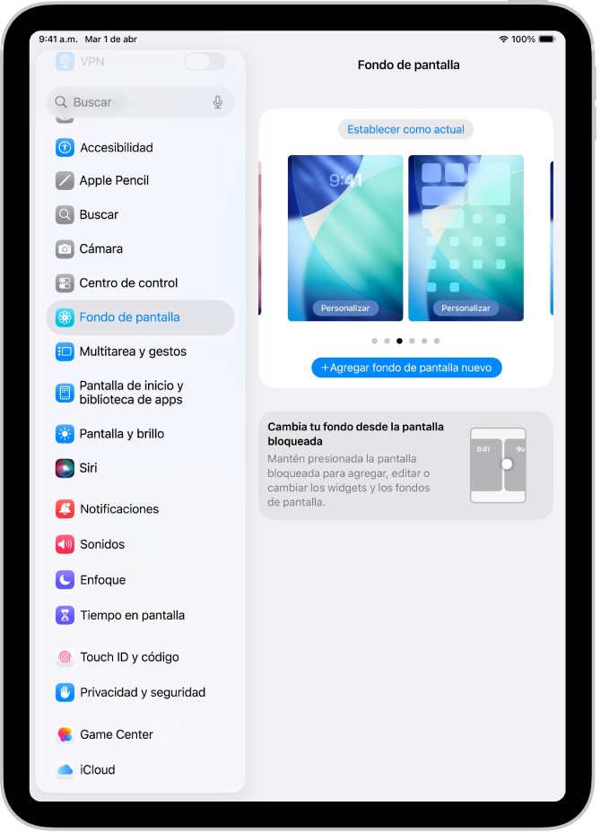 Pantalla de configuración del fondo de pantalla con el botón para seleccionar otro fondo en la parte superior e imágenes de la pantalla bloqueada y de la pantalla de inicio con el fondo de pantalla actual.