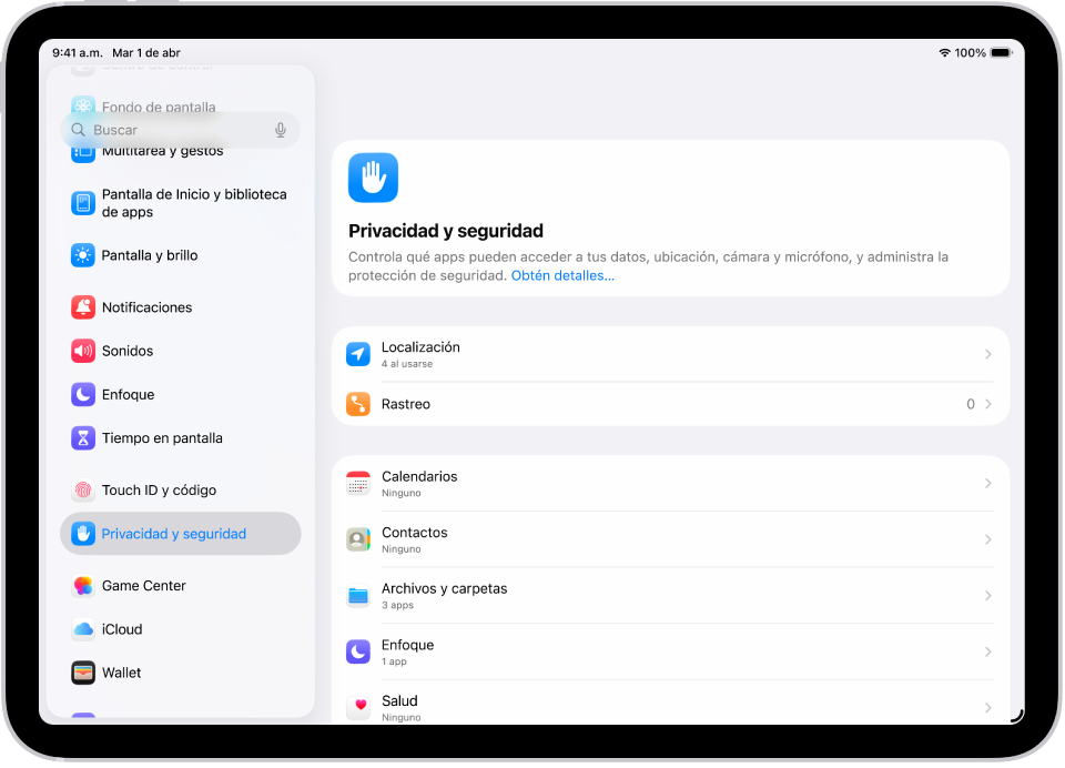 La pantalla Configuración muestra opciones de privacidad y seguridad, como Localización y Rastreo.