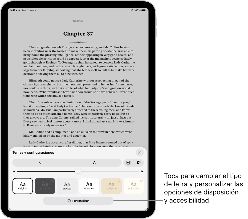 Una página en un libro en la app Libros. Las opciones de temas y configuraciones muestran controles para el tamaño de letra, la visualización de desplazamiento, el estilo de pasar páginas, el brillo y los estilos de tipo de letra.