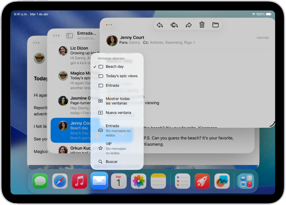 Pantalla de un iPad con ventanas abiertas de la app Mail y el menú de la app en una de las ventanas.