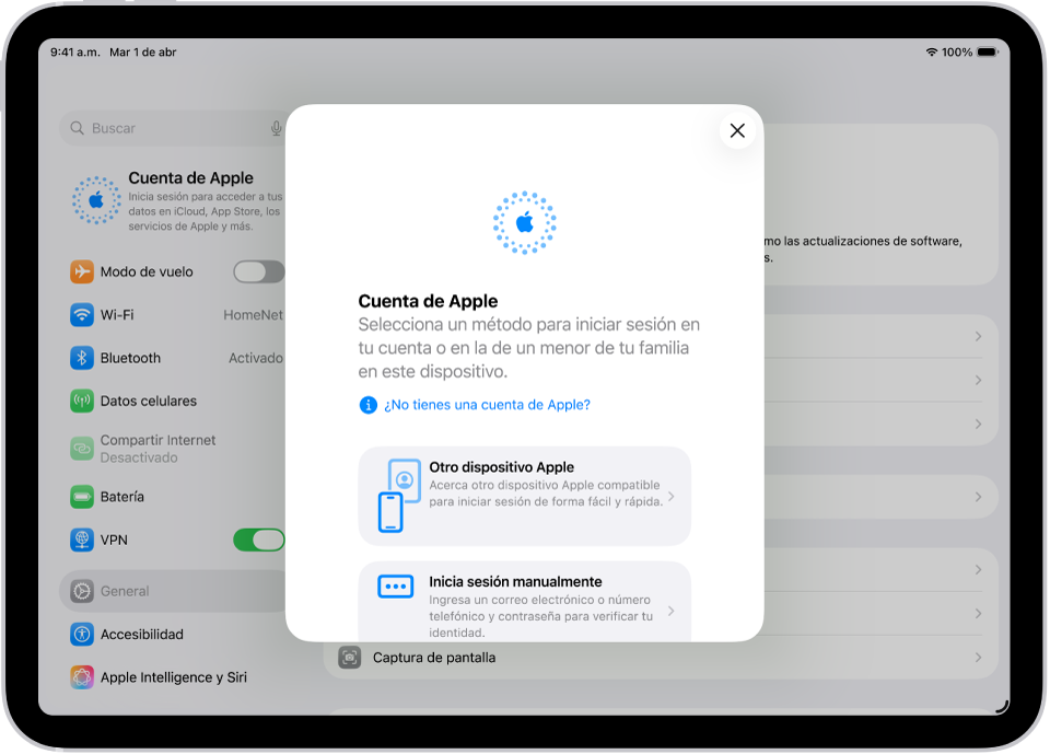 Pantalla de configuración con el cuadro de diálogo de inicio de sesión en la cuenta de Apple en mitad de la pantalla.