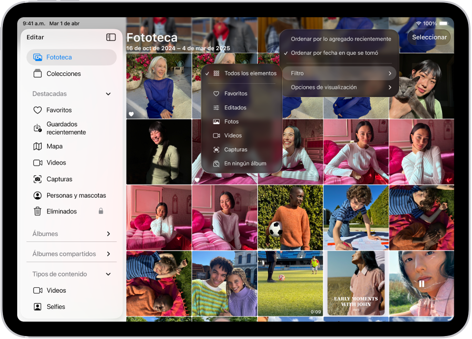La app Fotos está abierta y la pestaña Fototeca está seleccionada en la barra lateral. El botón Ordenar y filtrar situado en la parte superior de la pantalla está seleccionado y muestra las opciones Ordenar y filtrar para ver el contenido de la fototeca.