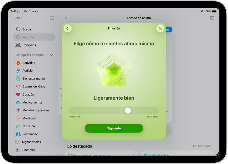 Una pantalla de la app Salud que indica que el estado de ánimo del momento es Un poquito bien. En la parte inferior de la pantalla hay un regulador para ajustar el nivel de la emoción.
