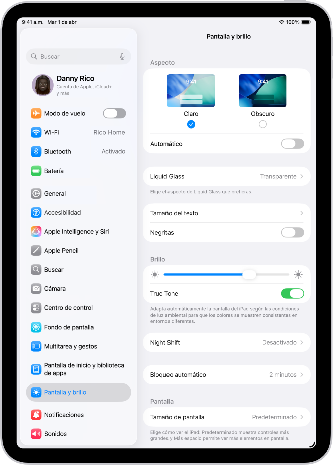 La configuración de Pantalla y brillo en Configuración.