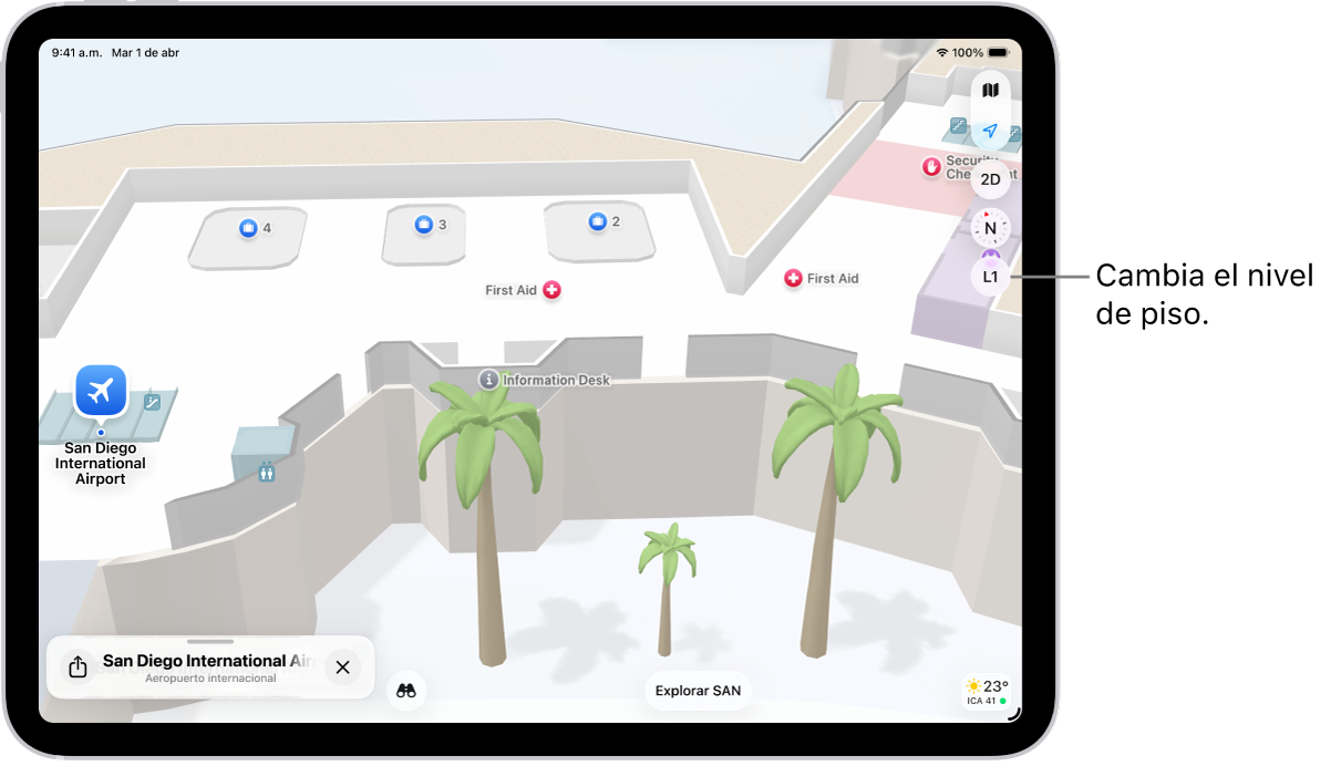 Un mapa del interior de la terminal de un aeropuerto. El mapa muestra una puerta de embarque, el baño, el control de seguridad y un punto de primeros auxilios. Puedes cambiar de nivel en los mapas de varios niveles con el botón N2 (para explorar el piso 2).