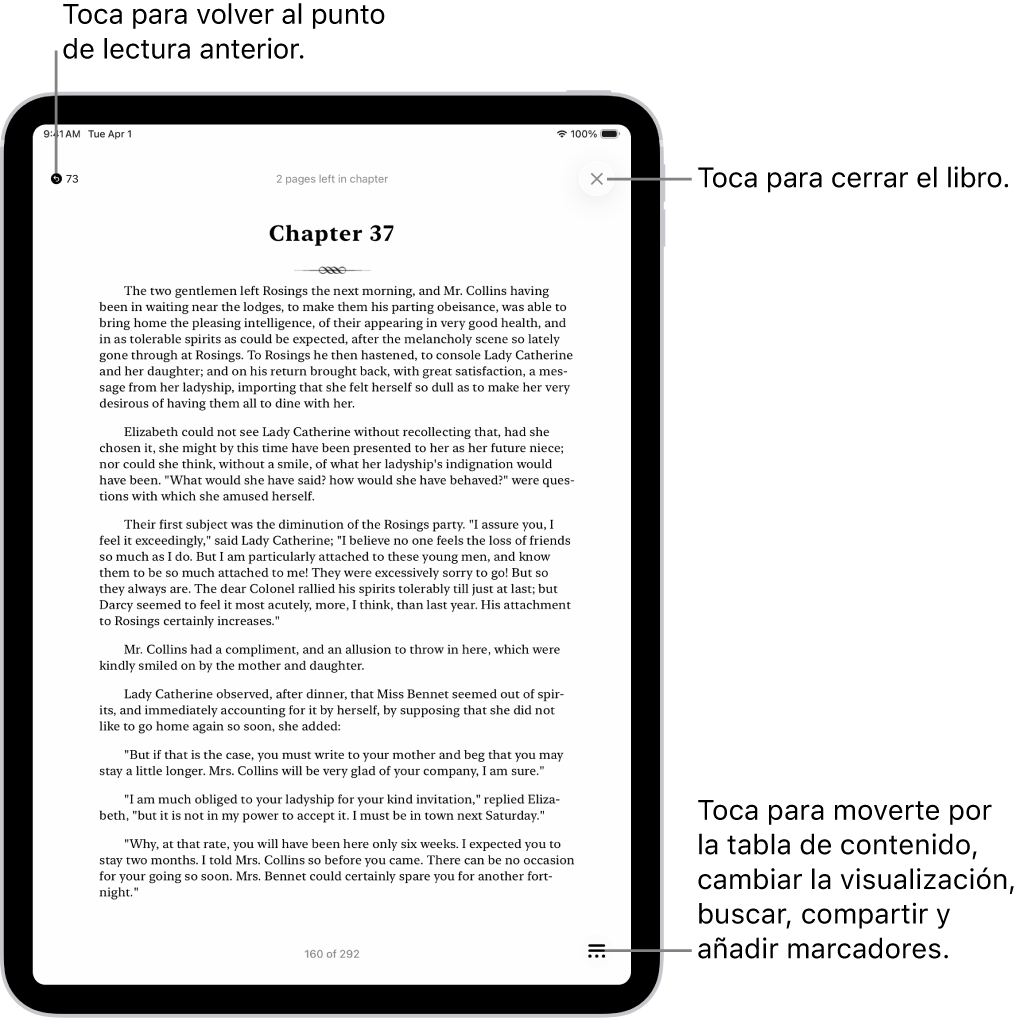 Página de un libro en la app Libros. En la parte superior de la pantalla están los botones para volver a la página en la que habías empezado a leer y para cerrar el libro. En la parte inferior derecha de la pantalla se encuentra el botón Menú.