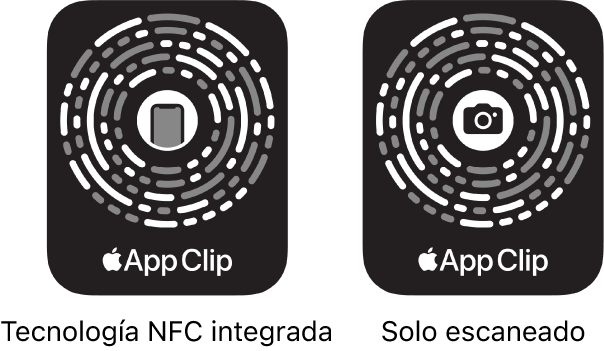 A la izquierda, un código de clip de app con etiqueta NFC integrada y con el icono de un iPhone en el centro. A la derecha, un código de clip de app para escanear con el icono de una cámara en el centro.