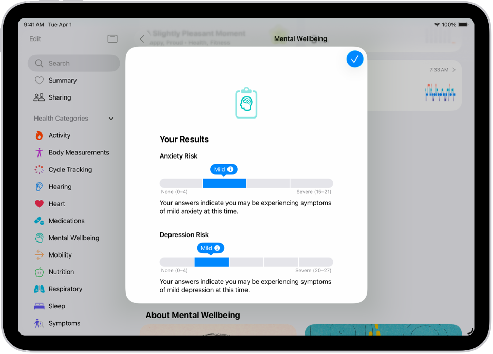 Una pantalla de la app Salud con los resultados de un cuestionario de salud mental.