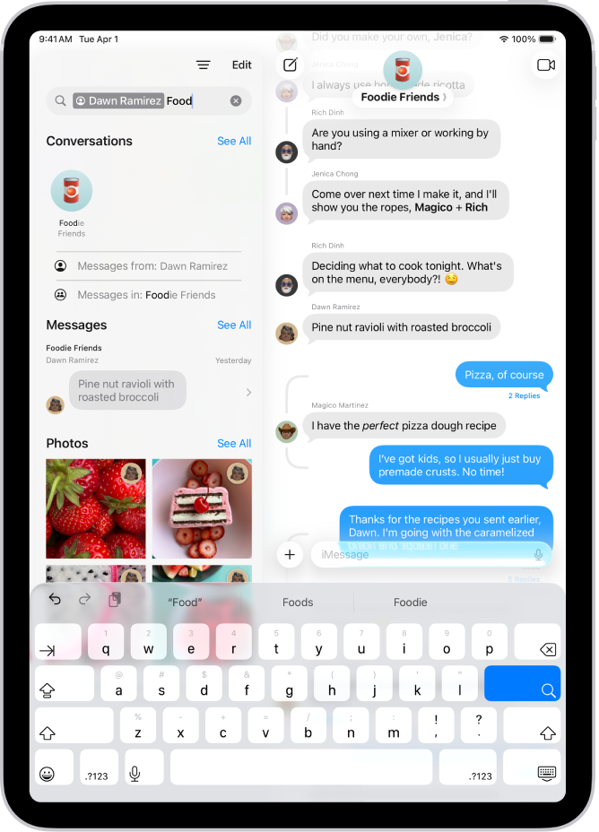 Otsinguväli rakenduses Messages. Otsinguväljal on silt otsingu piiramiseks ühe inimese saadetud fotodega ning otsinguterminiga.