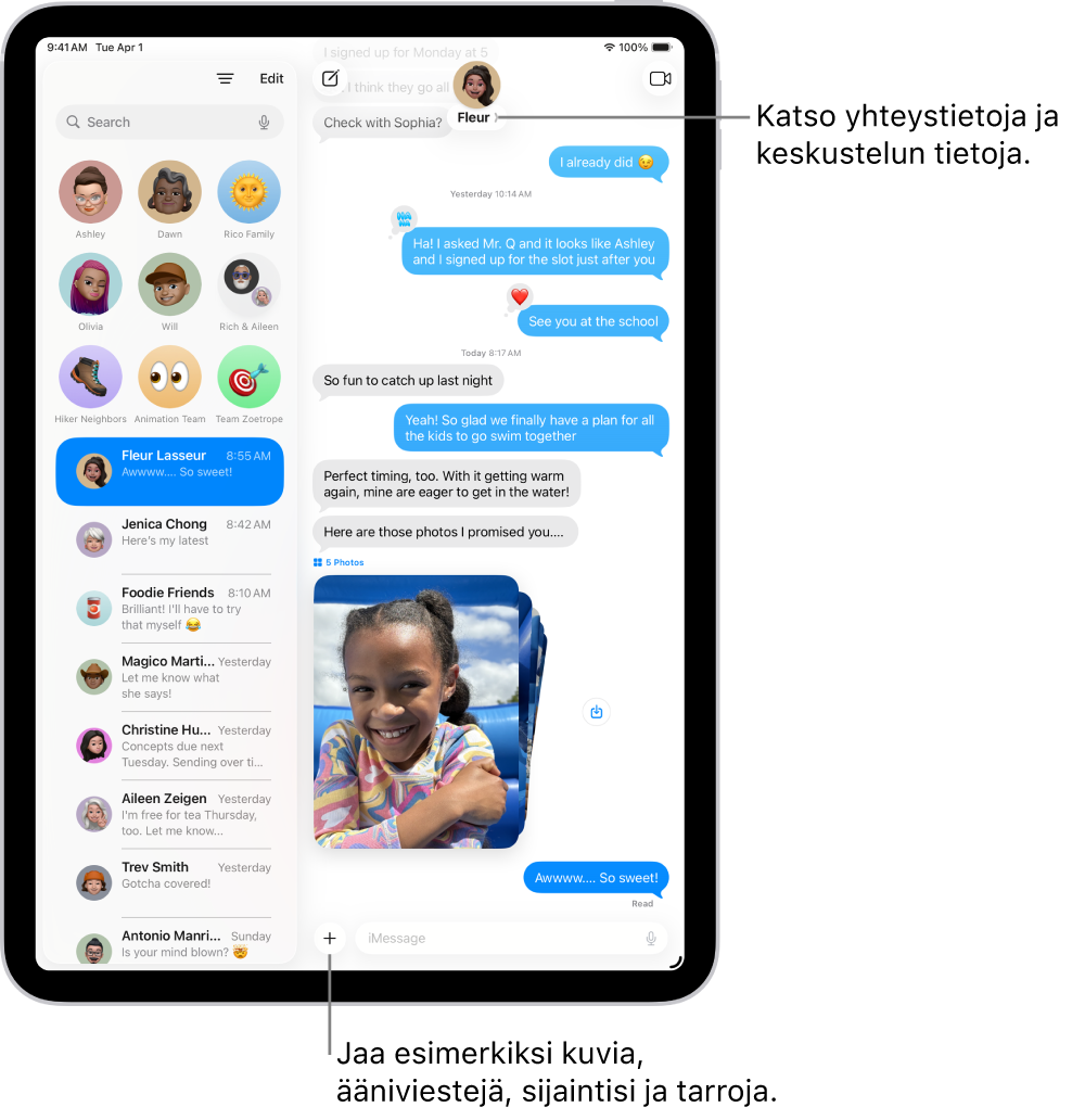 Viestit-apin keskusteluluettelo vasemmalla ja keskustelun tekstimuunnos oikealla. Kun yläreunassa napautetaan yhteystiedon kuvaketta, keskustelun tiedot avautuvat.