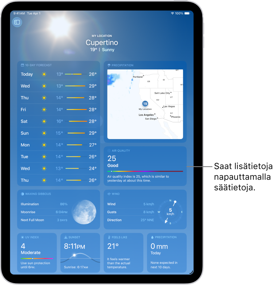 Sää-näyttö, jossa näkyy sijainti yläreunassa sekä nykyinen lämpötila ja säätila sen alapuolella. Näytön muussa osassa näkyvät muut säätiedot, muun muassa UV-indeksi-, tuuli‑ ja sadetiedot.