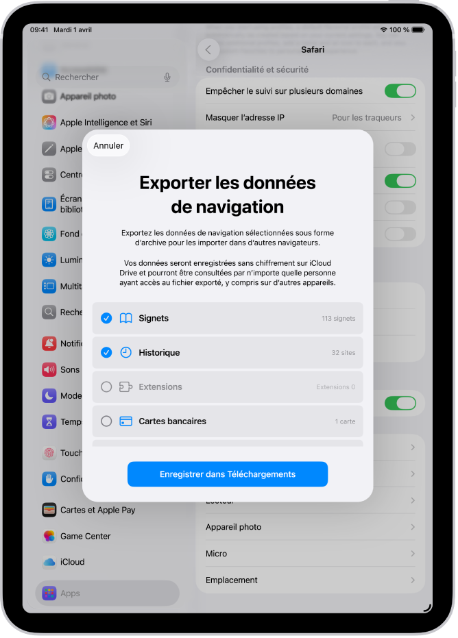 L’écran Exporter les données de navigation, affichant les données que vous pouvez exporter depuis Safari vers un autre navigateur.