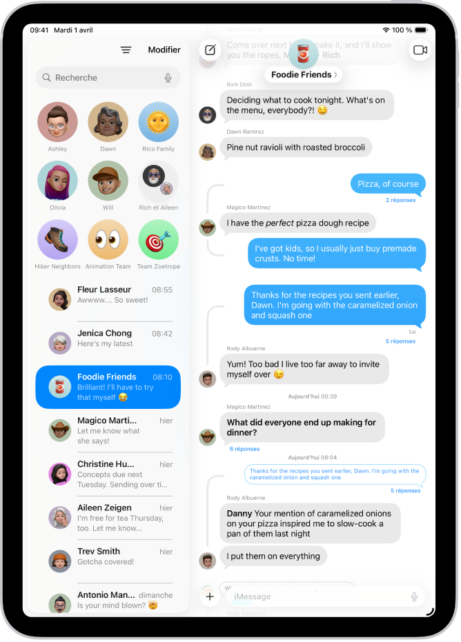 Une conversation de groupe dans Messages.