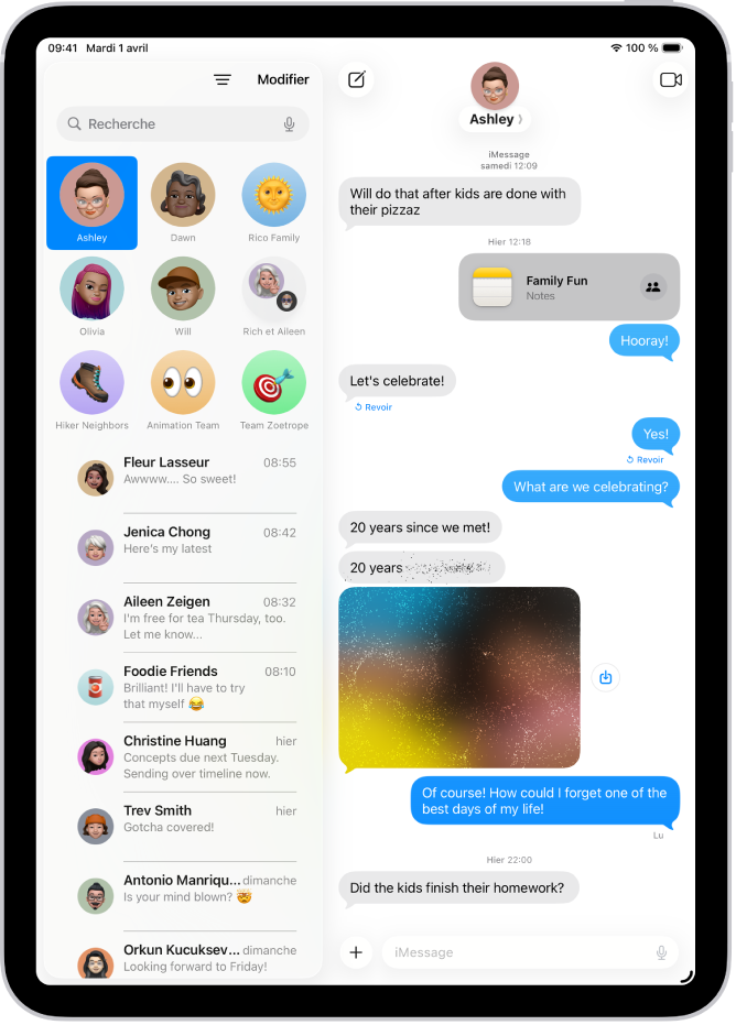 Une conversation dans Messages avec un SMS et une photo envoyés avec l’effet Encre invisible.