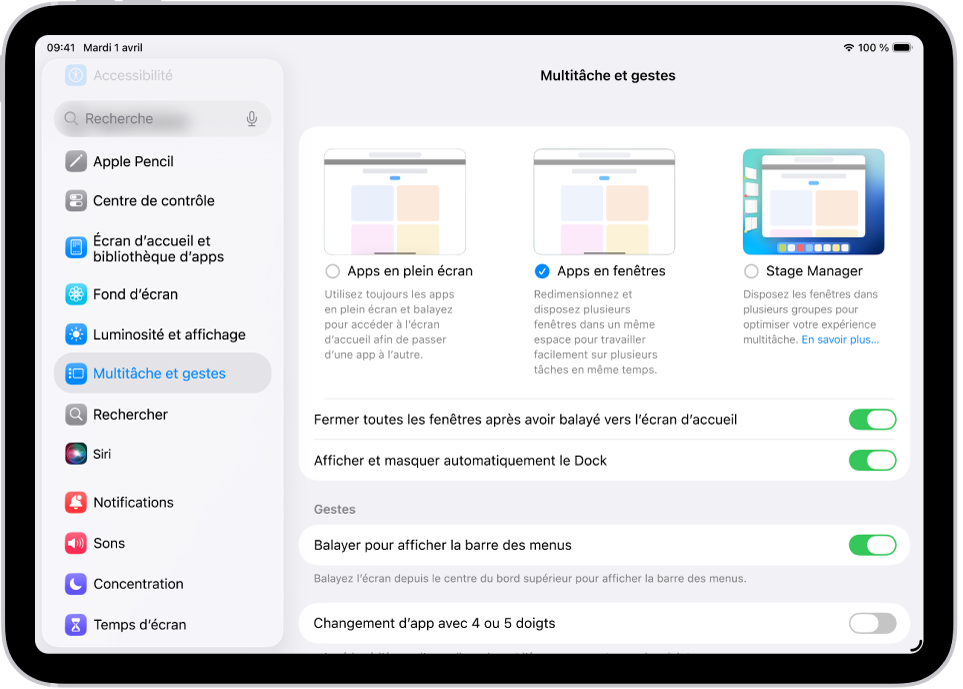 Une fenêtre d’iPad affichant les réglages « Multitâche et gestes ».
