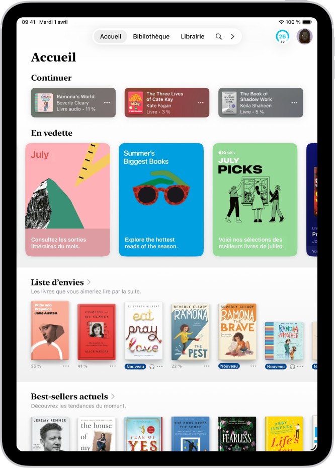 L’écran Accueil dans l’app Livres, affichant les sections En cours, Récents et Liste d’envies.