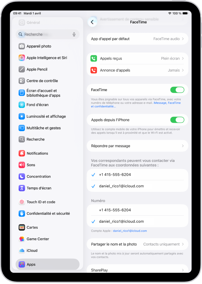 L’écran Réglages de FaceTime, avec la commande d’activation ou de désactivation de FaceTime ainsi que le numéro de téléphone et l’adresse e-mail sur lesquels on peut vous joindre.