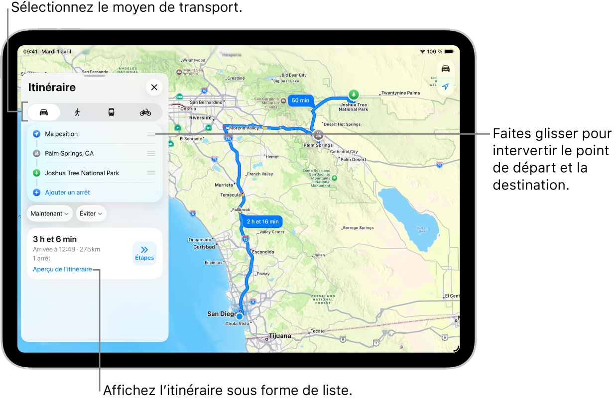 Un plan avec plusieurs itinéraires possibles en voiture entre « Ma position » et une destination.