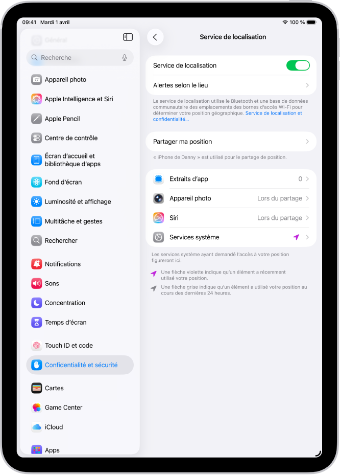 L’écran « Services de localisation », avec des réglages permettant de partager la position de votre iPad avec des apps.