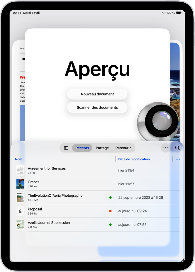 L’écran principal de l’app Aperçu, affichant des PDF et des images. Vers le bas de l’écran se trouvent les onglets Récents, Partagés et Parcourir.