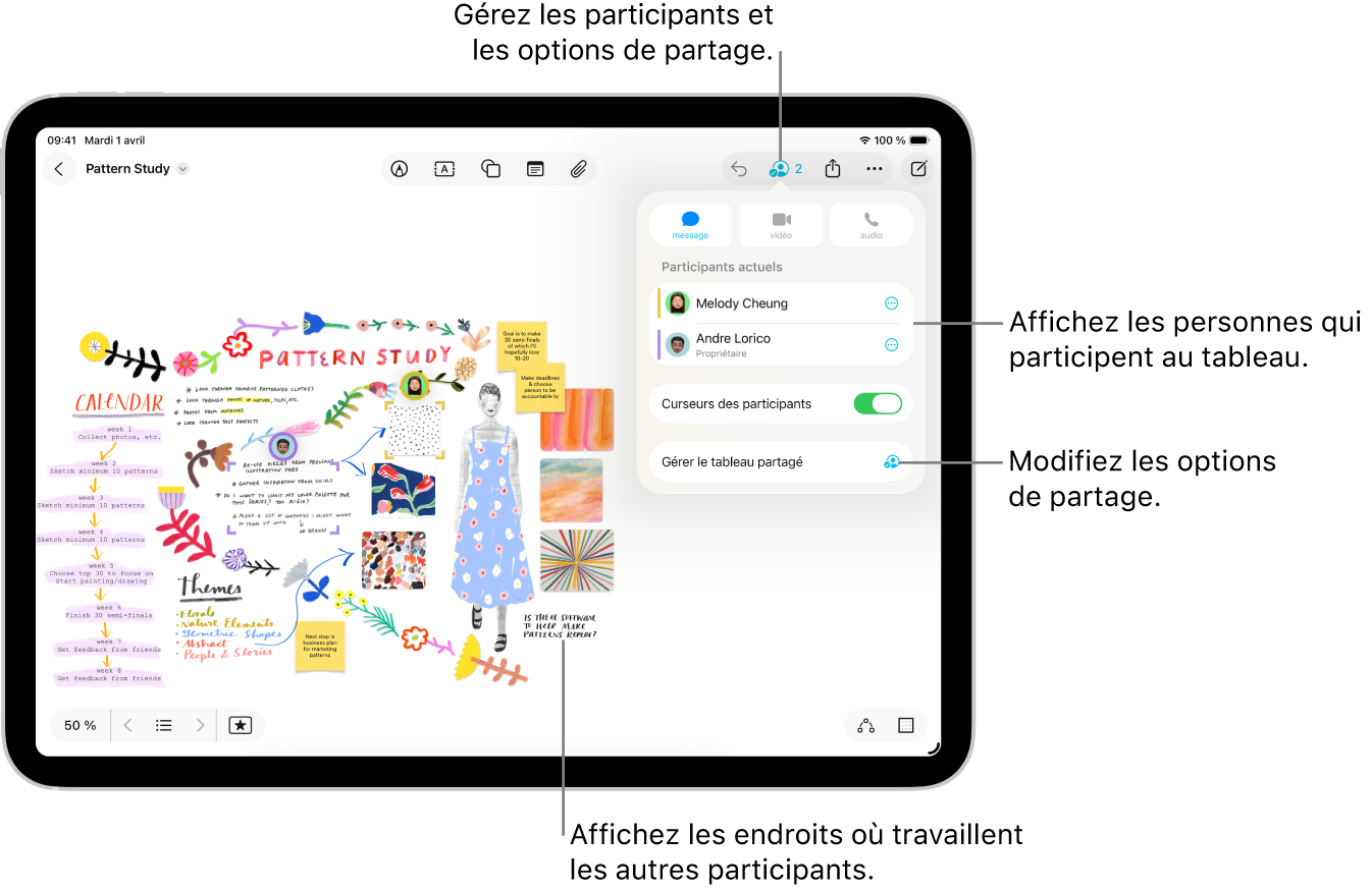 Un tableau Freeform partagé sur l’iPad. Le menu de collaboration est ouvert et l’emplacement d’autres participants sur le tableau est représenté par des coches colorées.