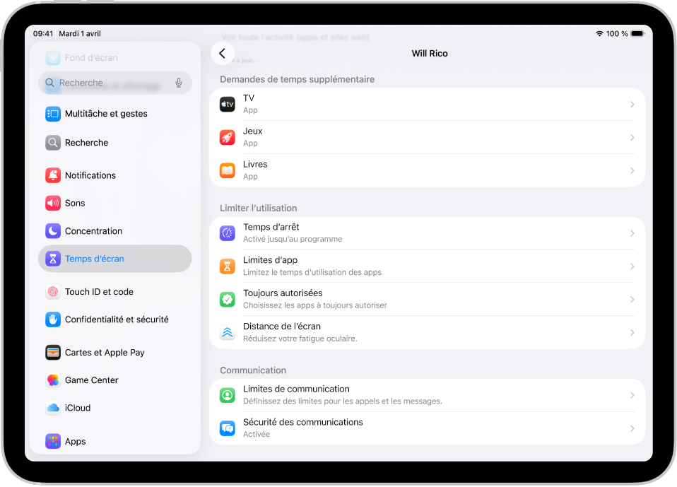 L’écran pour un enfant d’un groupe de partage familial, affichant une section pour les demandes de temps supplémentaire.